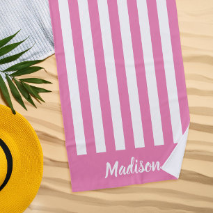 Einfache, moderne rosa Streifen Monogramm Strandtuch