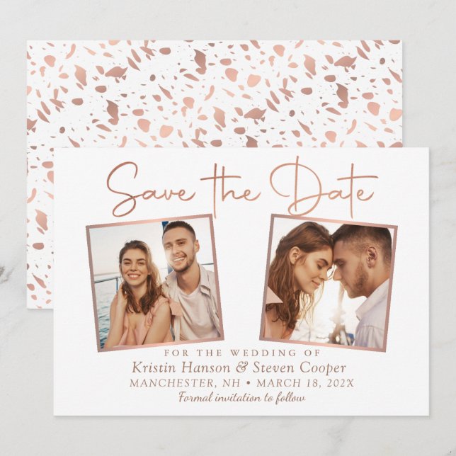 Einfache moderne Rose Gold 2 Foto Save the Date Ka (Vorne/Hinten)