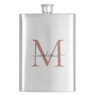 Einfache moderne Rose Gold Monogram Girl Script Na Flachmann