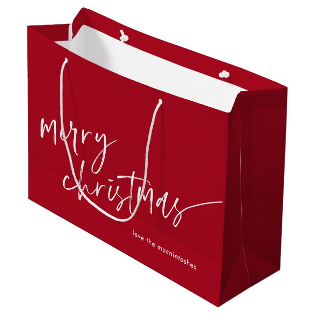 Einfache moderne Schrift Frohe Weihnachten Rot Große Geschenktüte (Vorderseite Schrägansicht)
