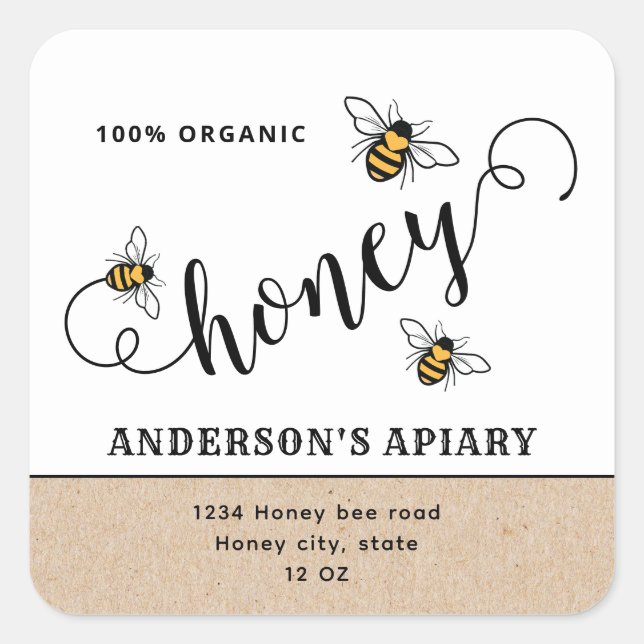 Einfache moderne Schrift Honey Biene Quadratischer Aufkleber (Vorderseite)