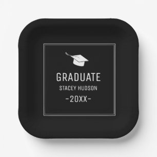Einfache moderne Schwarz-Weiß-Graduierungsparty Pappteller