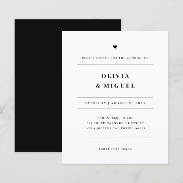 Einfache, moderne Schwarz-Weiß-Hochzeit-Einladung (Vorne/Hinten)