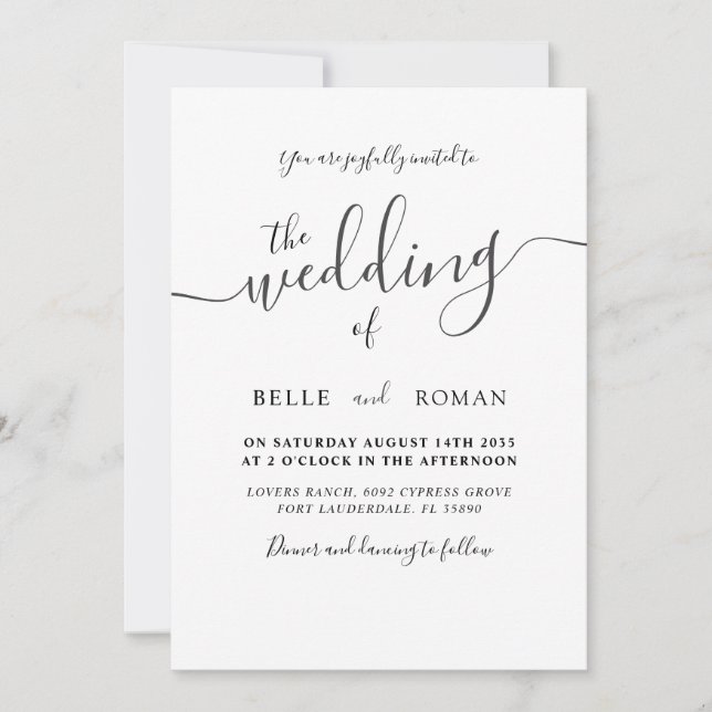 Einfache moderne Schwarz-Weiß-Kalligrafie-Hochzeit Einladung (Vorderseite)