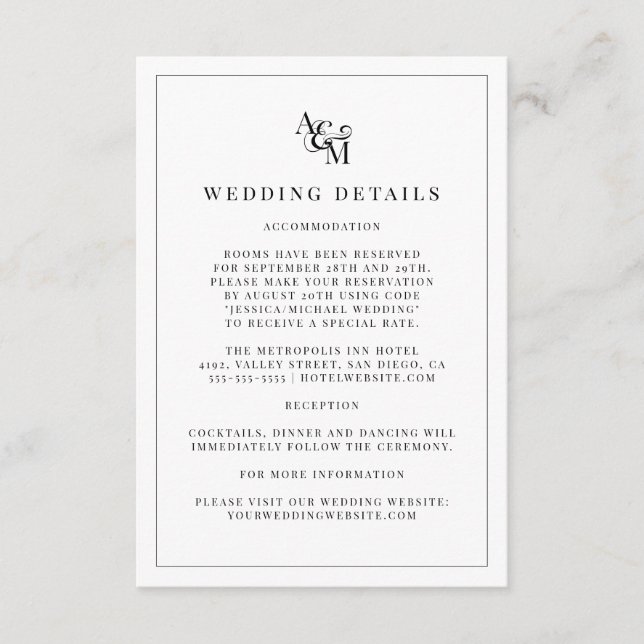 Einfache, moderne Schwarz-weiße Monogramm-Hochzeit Begleitkarte (Vorderseite)