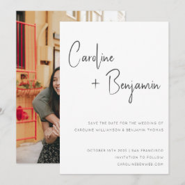 Einfache moderne Schwarz-weiße Script-Foto-Hochzei Save The Date