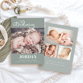 Einfache moderne Script Foto Collage Sage Birth Ankündigung