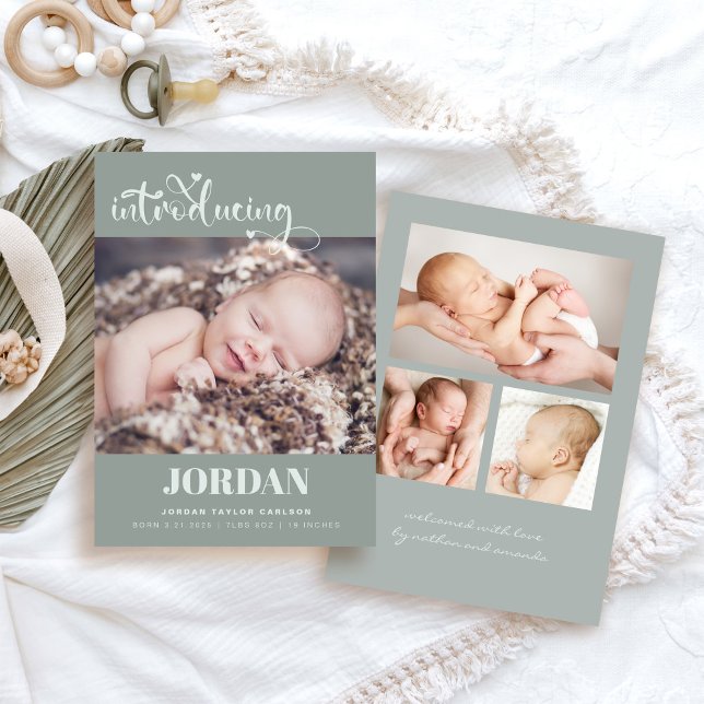 Einfache moderne Script Foto Collage Sage Birth Ankündigung (Von Creator hochgeladen)