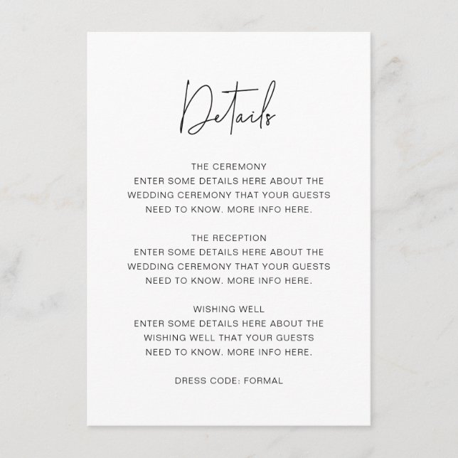 Einfache, moderne Script-Schriftart-Hochzeitdetail Begleitkarte (Vorderseite)