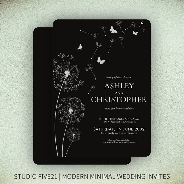 Einfache, moderne Smoke Black Dandelion Wedding Einladung (Von Creator hochgeladen)