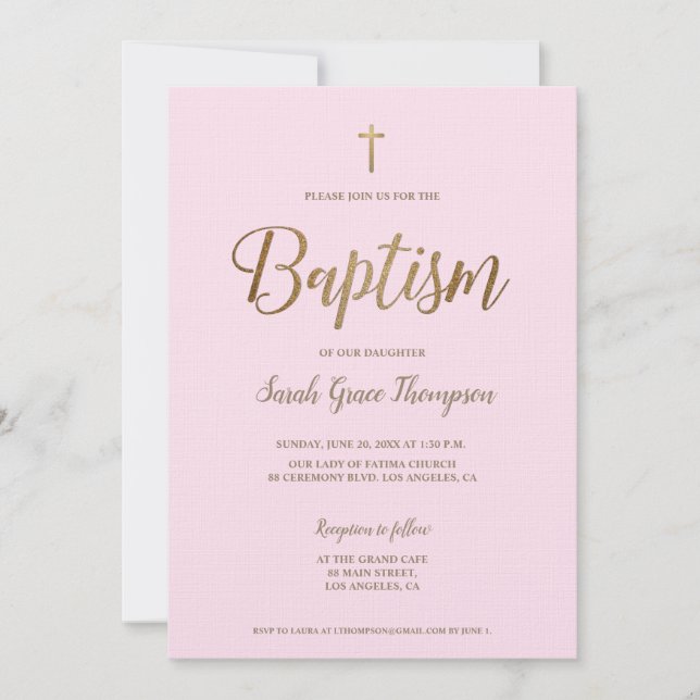 Einfache moderne Taufe mit rosa Gold-Cross-Baby-Gi Einladung (Vorderseite)