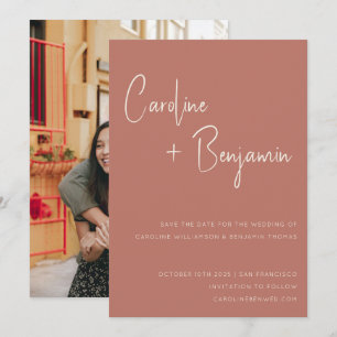 Einfache moderne Terracotta-Rose Script-Foto Hochz Save The Date