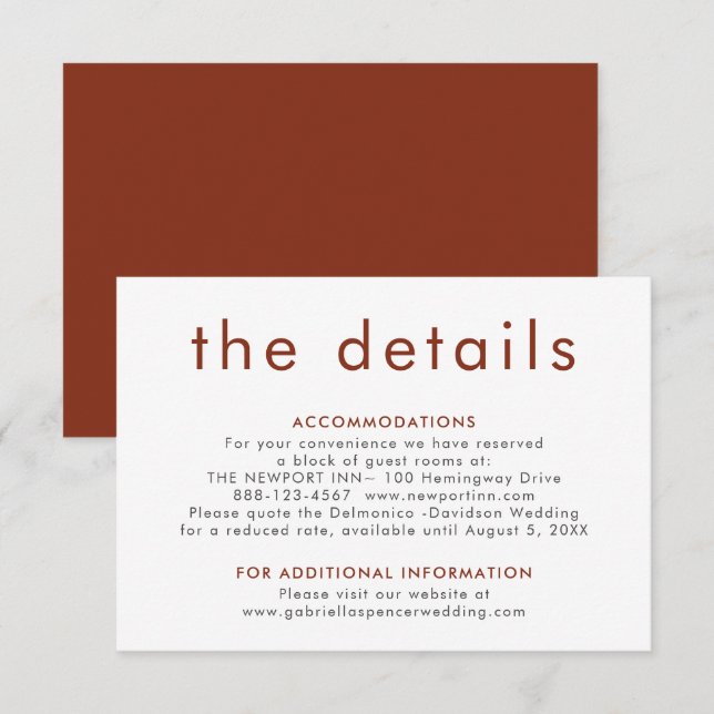 Einfache moderne Terracotta Rost Wedding Details E Begleitkarte (Vorne/Hinten)