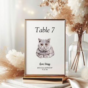 Einfache moderne Wasserfarbe Katze Hochzeit Tischnummer