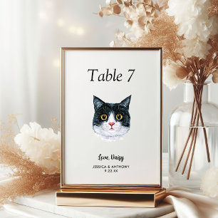 Einfache moderne Wasserfarbe Katze Hochzeit Tischnummer