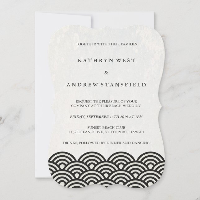 Einfache moderne Waves Black + White Beach Wedding Einladung (Vorderseite)