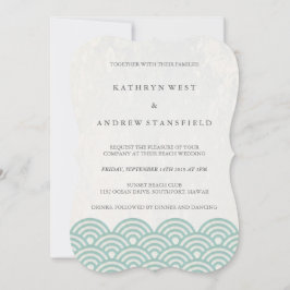 Einfache moderne Waves Green + White Beach Wedding Einladung