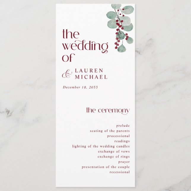 Einfache moderne Winterhochzeit in Burgund Programm (Vorderseite)