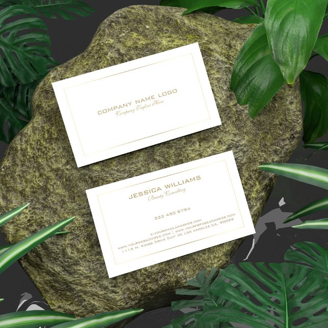 Einfache moderne Zinngoldgrenze in Weiß Visitenkarte (Von Creator hochgeladen)