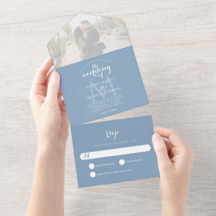 Einfache Mongram Dusty Blue Foto Hochzeit All In One Einladung