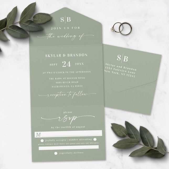 Einfache Mongram & Script Leaf Green Wedding All i In One Einladung (Von Creator hochgeladen)