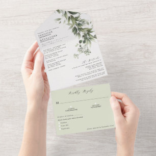 Einfache monochrome Grüntöne Eukalyptus-Hochzeit All In One Einladung