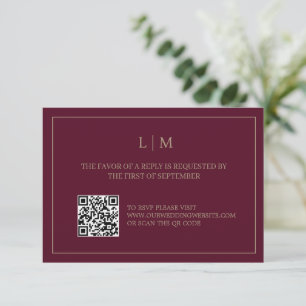 Einfache Monogram Burgundy QRCode Wedding RSVP Kar Dankeskarte