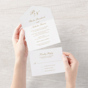 Einfache Monogram Elegant Gold Wedding All In One Einladung