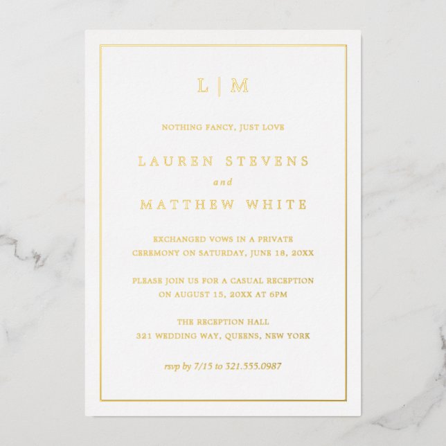 Einfache Monogram Elegant Wedding Empfang Folieneinladung (Vorderseite)