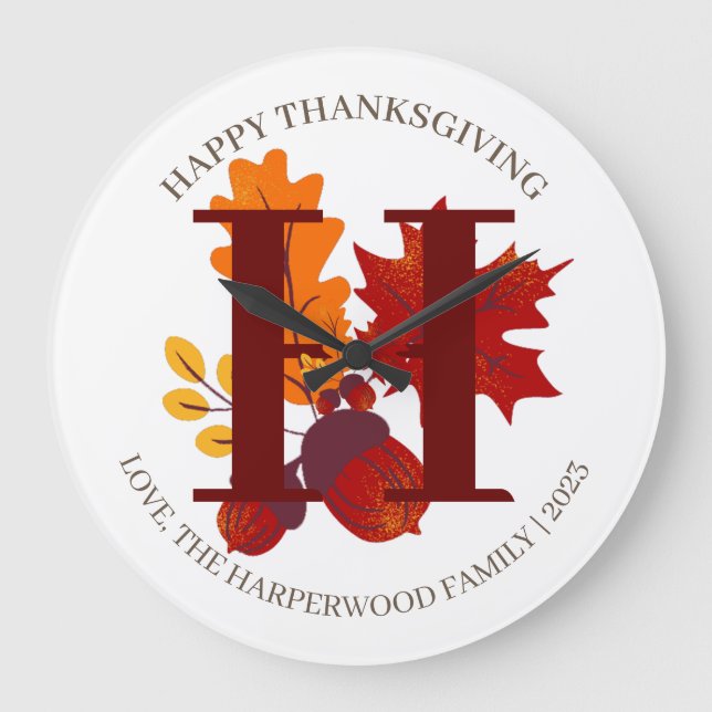 Einfache Monogram Fall Harvest Happy Thanksgiving Große Wanduhr (Vorderseite)