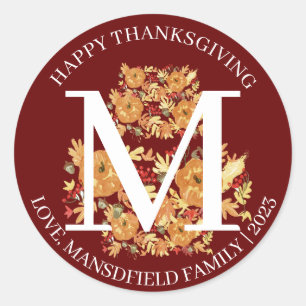 Einfache Monogram Fall Harvest Happy Thanksgiving Runder Aufkleber