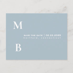 Einfache Monogram Icy Blue Wedding Save the Date Postkarte
