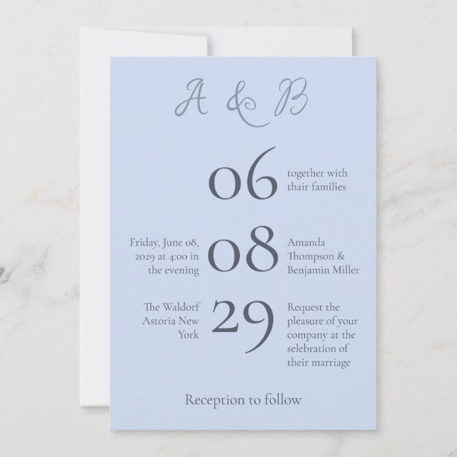 Einfache Monogram Minimalistisch Beau Blue Wedding Einladung (Vorderseite)