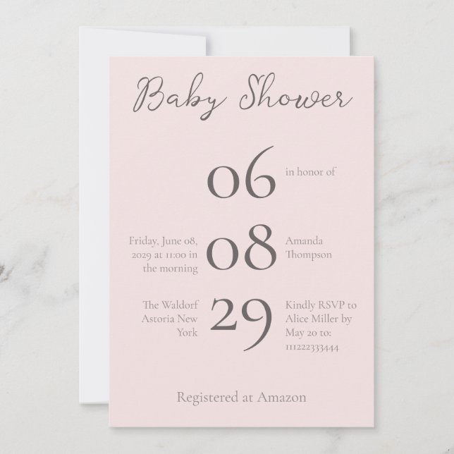 Einfache Monogram Minimalistisch Misty Rose Babydu Einladung (Vorderseite)