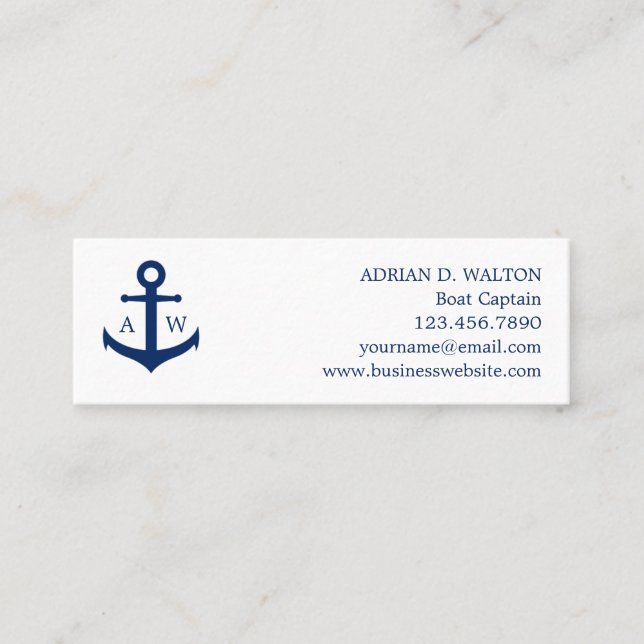 Einfache Monogram Navy Blue Anchor Mini Visitenkarte (Vorderseite)