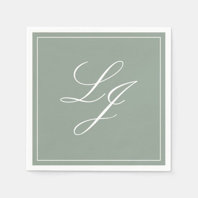 Einfache Monogram Sage Green Elegant Script Hochze Serviette (Vorderseite)
