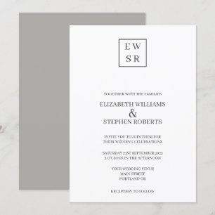 Einfache Monogram White and Gray Wedding Einladung