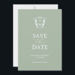Einfache Monogramm-Anzeige Save the Date grün<br><div class="desc">Verkünden Sie Ihre Verlobung mit dieser modernen Save the Date Karte. Es bietet einen Mix aus klassischer und Skripttypografie in Weiß auf einem soliden grünen Hintergrund. Geben Sie die Monografie der Braut und des Bräutigams in die Mitte eines blassblauen Wappen ein. Alle Farben können auf Ihre Hochzeitsfarben abgestimmt werden. Verwenden...</div>