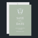 Einfache Monogramm-Anzeige Save the Date grün<br><div class="desc">Verkünden Sie Ihre Verlobung mit dieser modernen Save the Date Karte. Es bietet einen Mix aus klassischer und Skripttypografie in Weiß auf einem soliden grünen Hintergrund. Geben Sie die Monografie der Braut und des Bräutigams in die Mitte eines blassblauen Wappen ein. Alle Farben können auf Ihre Hochzeitsfarben abgestimmt werden. Verwenden...</div>