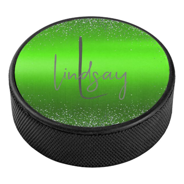 Einfache Monogramm aus grün gebürstetem Glitzer| Eishockey Puck (3/4)