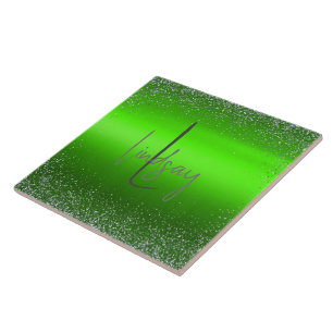 Einfache Monogramm aus grün gebürstetem Glitzer   Fliese