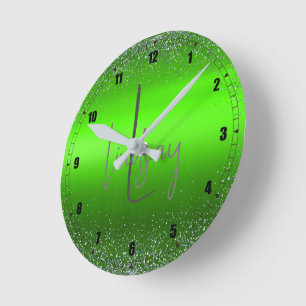 Einfache Monogramm aus grün gebürstetem Glitzer   Runde Wanduhr