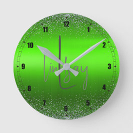 Einfache Monogramm aus grün gebürstetem Glitzer | Runde Wanduhr