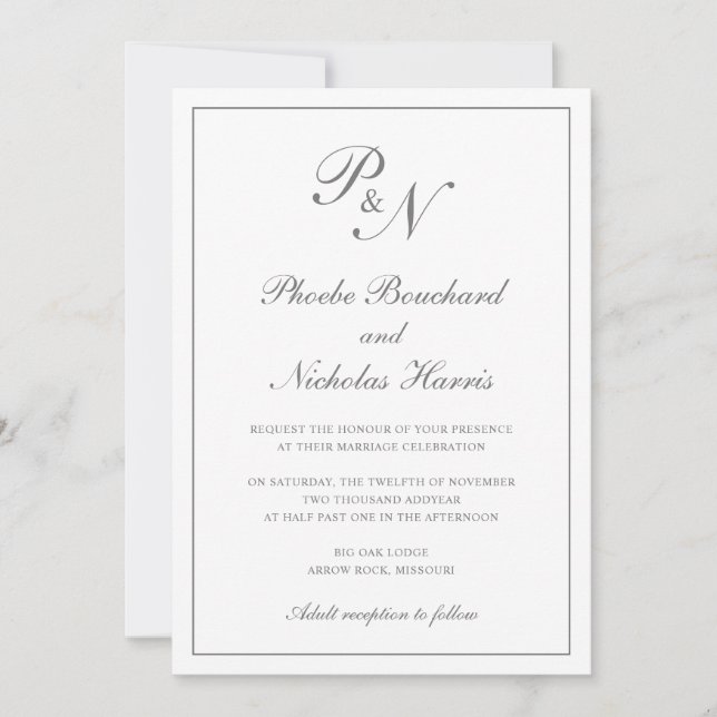Einfache Monogramm Elegant Gray in einer Hochzeit Einladung (Vorderseite)