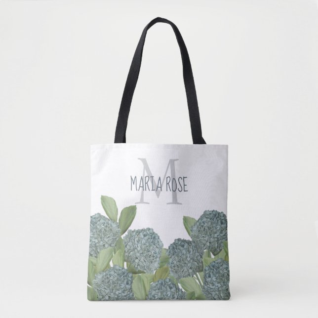 Einfache Monogramm Floral Blue Hydrangea-Blume Tasche (Vorderseite)