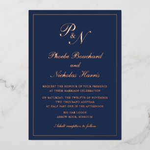 Einfache monogramm formale Navy Blue Wedding Rose  Folieneinladung
