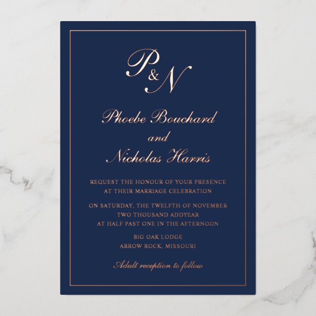 Einfache monogramm formale Navy Blue Wedding Rose  Folieneinladung (Vorderseite)