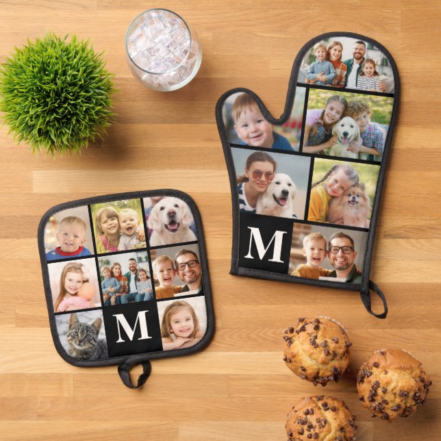 Einfache Monogramm-FotoCollage Mitt 6 Potholder 8 Ofenhandschuh & Topflappen-Set (Oben Unten)