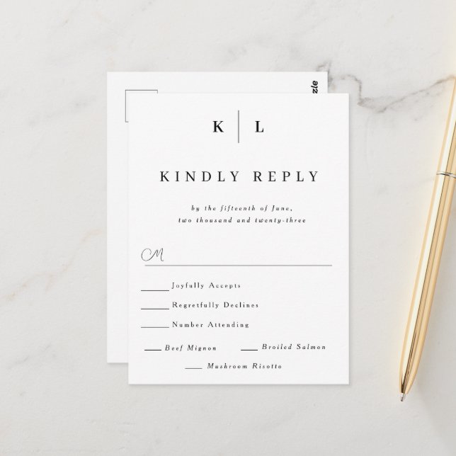 Einfache Monogramm-Hochzeitkarte RSVP-Karte Postkarte (Vorderseite/Rückseite Beispiel)