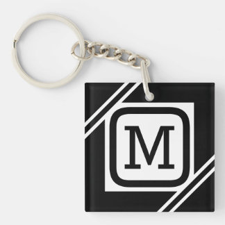 Einfache Monogramm mit kleinem schwarz-weißem Quad Schlüsselanhänger